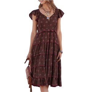 Sundance Floral Tiered Midi Dress Womens M Brown Maple Boho Cottagecore‎ Ruffle